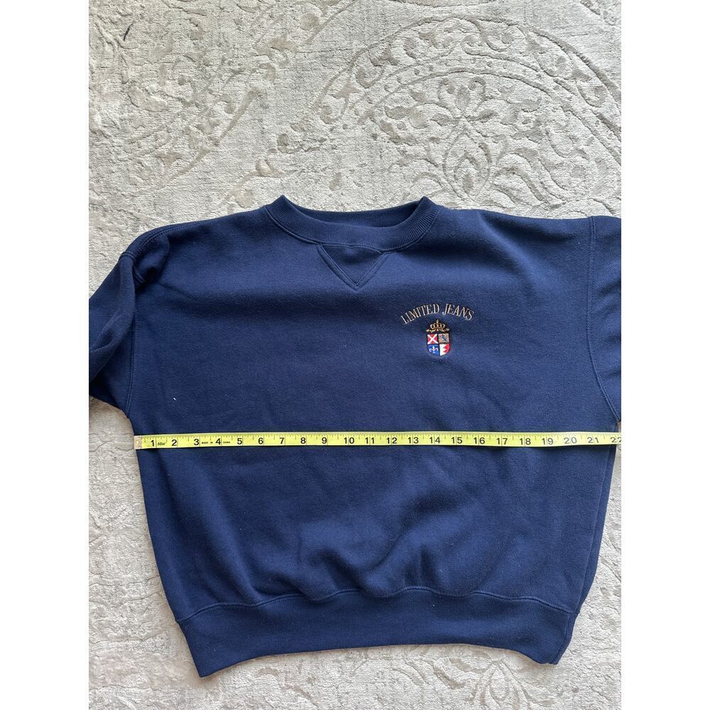 Vintage 90s Limited Jeans Sweatshirt Navy Blue Crest Logo M Cropped Sleeves - Picture 2 of 7